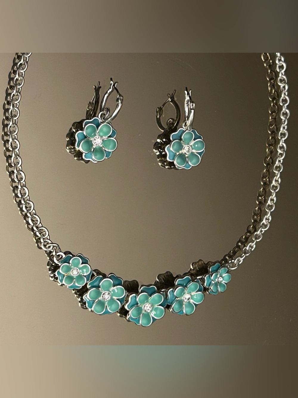 NAPIER Signed Silver & Turquoise Floral Necklace & Earring Set